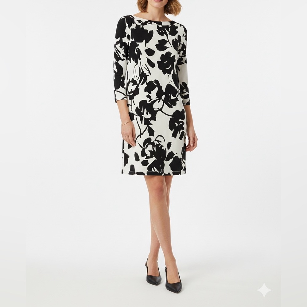 Max Mara Black & White Floral Boat Neck Sheath Dress - Size M
